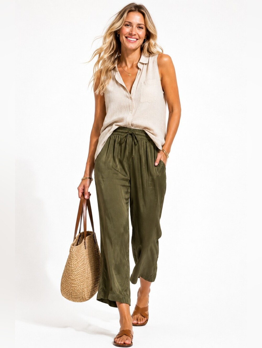 J. Jill Pure Silk Drawstring Pull-On Cropped Pants Olive Green Relaxed M